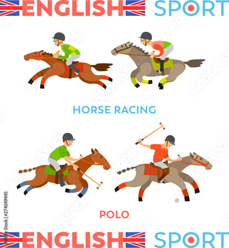 English sports types vector, male team riding horses racing, polo game. People wearing special uniform and helmets, wild and dangerous competition