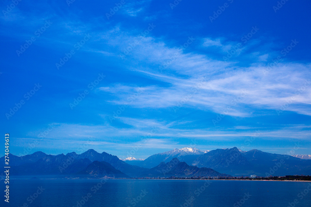 Beautiful landscape of mountains and the Mediterranean sea in Turkey, Antalya.