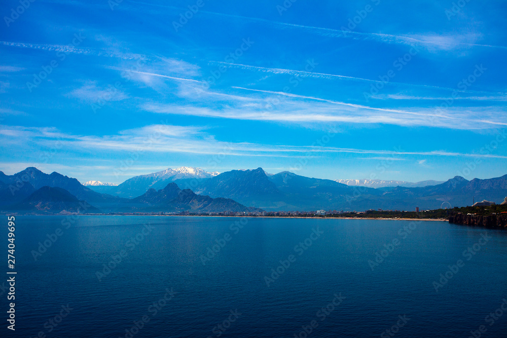 Beautiful landscape of mountains and the Mediterranean sea in Turkey, Antalya.