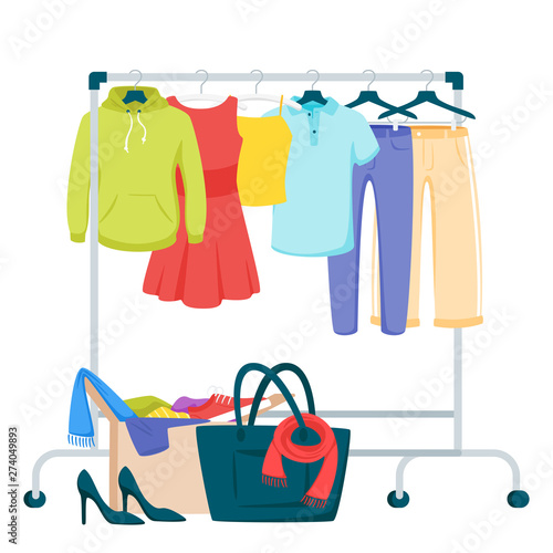 Clothes and accessories hanging on rack vector illustration