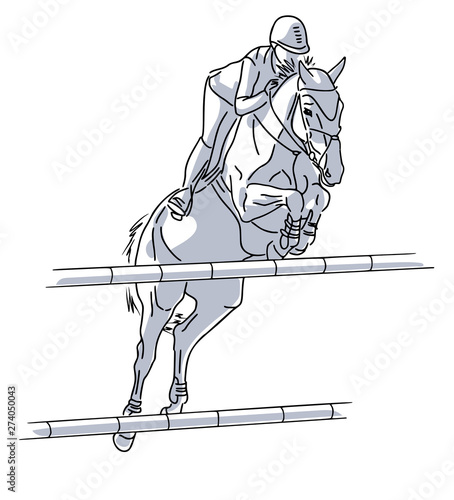 Illistration  of a rider on a horse jumping over an obstacle	