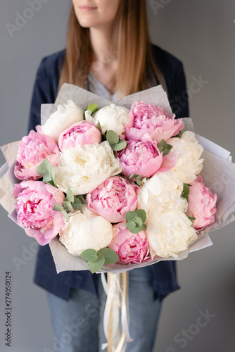 Pink and white peonies in womans hands. Beautiful peony flower for catalog or online store. Floral shop concept . Beautiful fresh cut bouquet. Flowers delivery