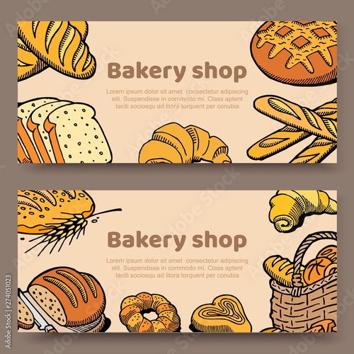 Hand drawn set of vector illustration cards- collection of baking goodies, bread, buns and pastries around the letters. Background in sketch style for bakery shops and bakers.