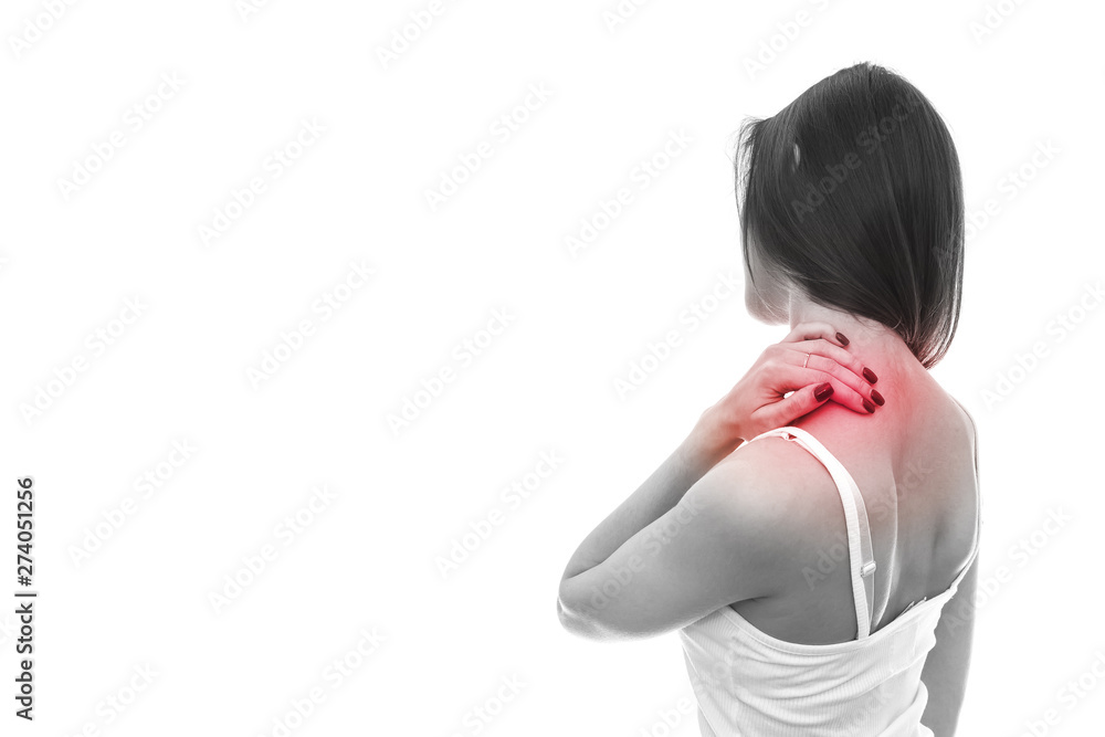 Woman filling ache in neck isolated on white