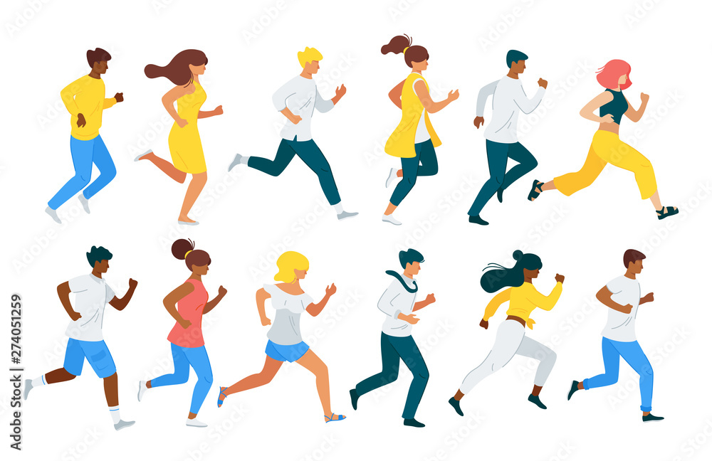 People running flat vector characters set