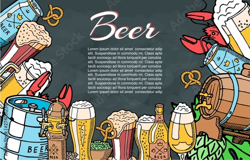 Sorts of beer and ale poster design concept. Colored sketch vintage style illustration for beer and alcohol drinks party invitation or advertisment with place for text.