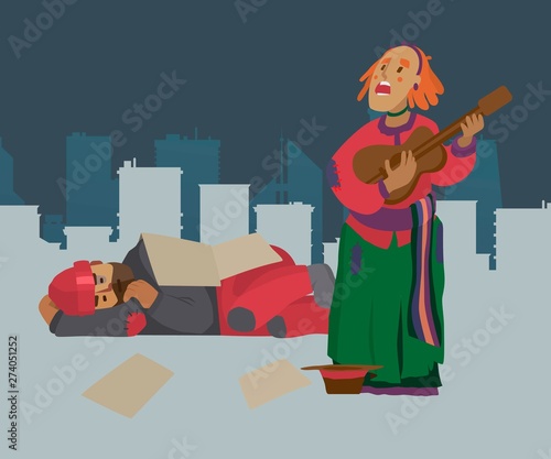 Homeless street musician woman beggar on city street, asking for money and playing guitar. Panhandler, pauper, penury. A lonely beggar bankrupt person in bad cloths and in despair. Vector.