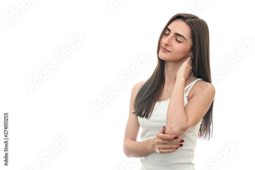 Young woman with headache isolated on white