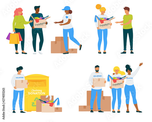 Volunteers with clothing donations vector illustrations set