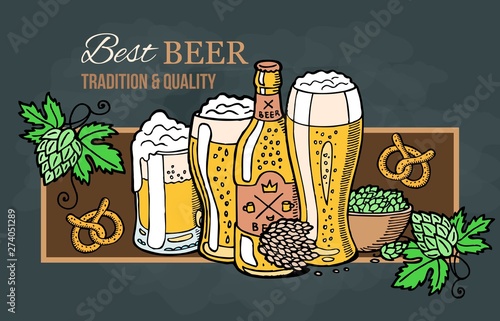 Premium banner or emblem with swirls, hop and malt for brewery or beer shop design. Sketch illustration of glasses of beer, bottle and salted pretzel.