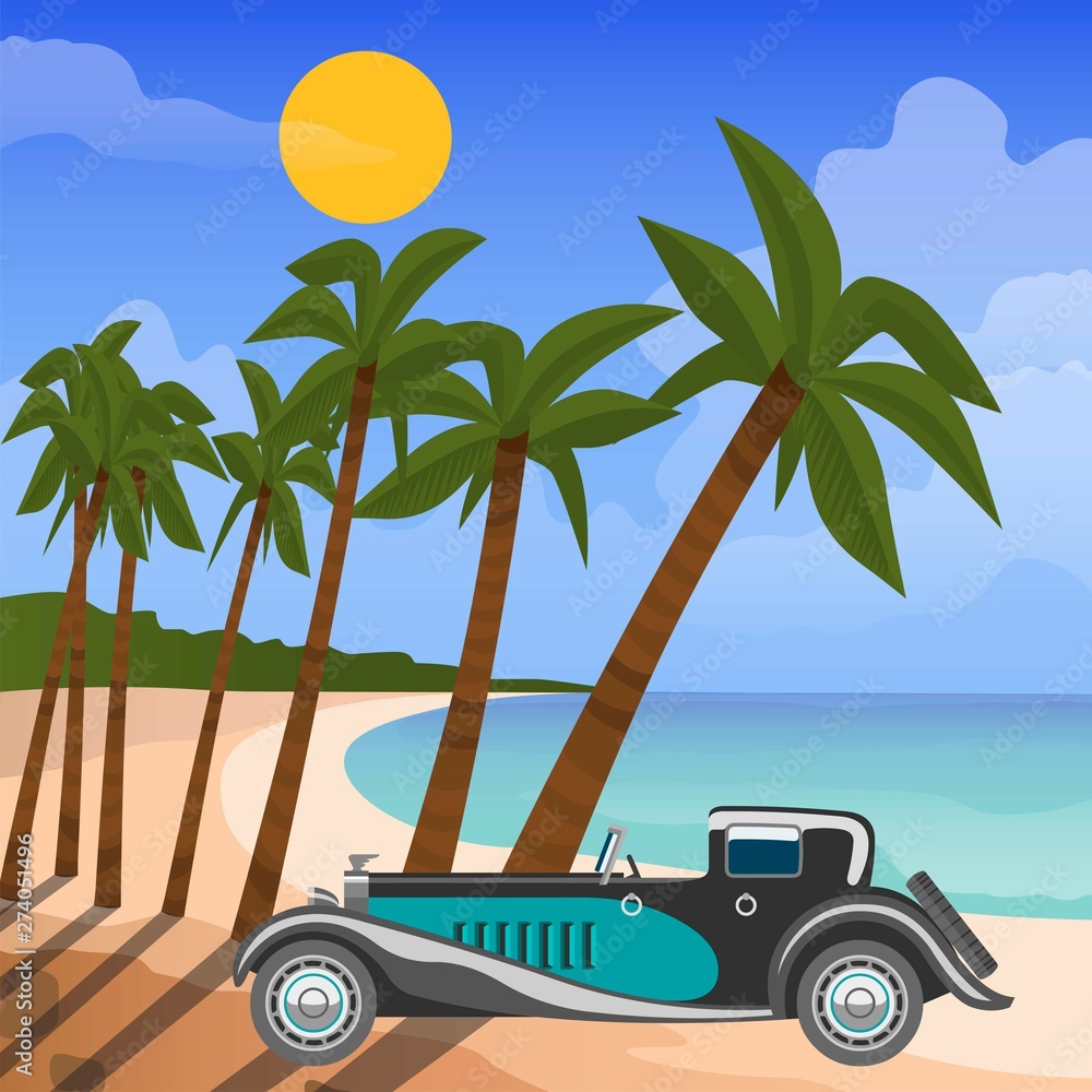 Retro car cabriolet on tropical beach with palm trees and car on sun and clouds vector illustration. Cab for summer rent and travelling in tropics. Vintage old cabriolet poster.