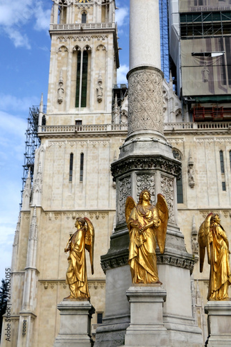 Cathedral of the Assumption of the Blessed Virgin Mary and Mary column, landmarks in Zagreb, Croatia.