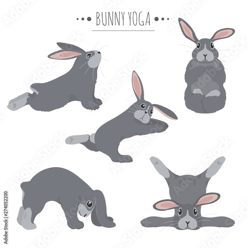Bunny yoga poses and exercises. Cute cartoon clipart set