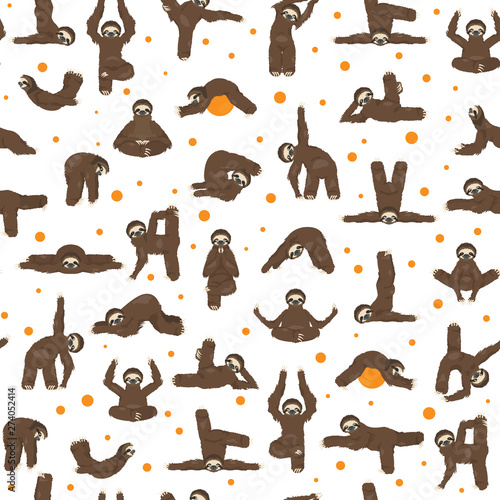 Sloth yoga seamless pattern. Funny cartoon animals in different postures set