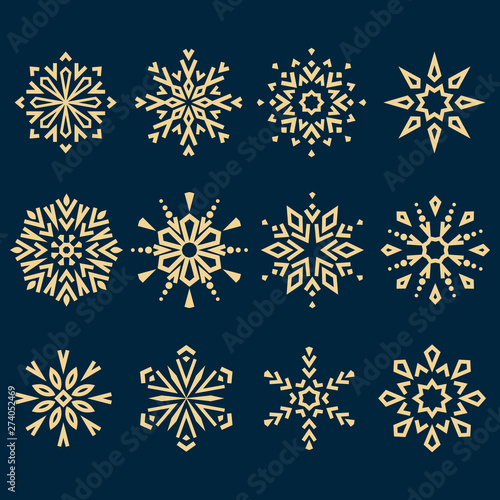 Snowflakes icon collection. Graphic modern gold and dark blue ornament