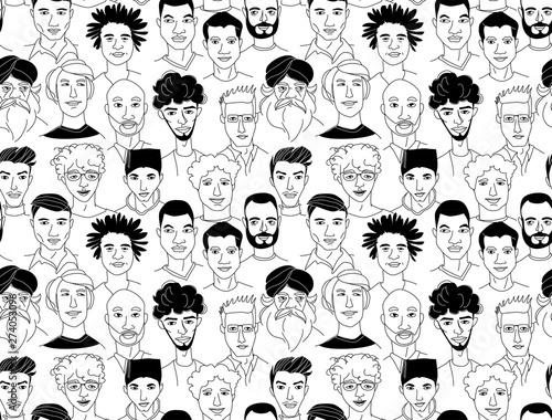 Men's head seamless pattern background grunge line drawing doodle poster