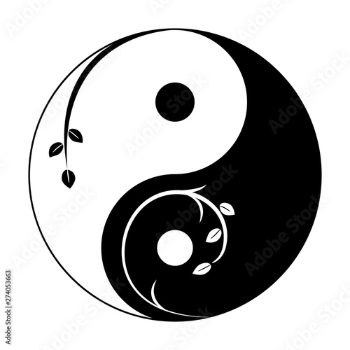 Decorative yin yang symbol. Abstract yin-yang icon with sprigs and leaves. Vector illustration.