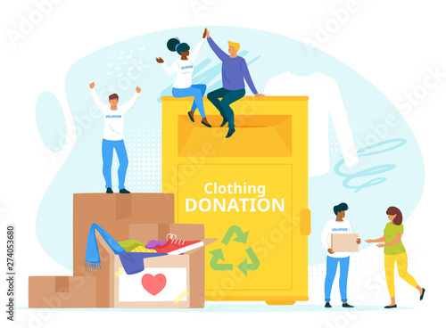 People donating clothes to charity together flat vector illustration
