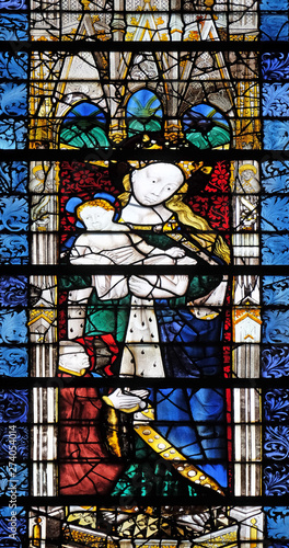 Virgin Mary with baby Jesus  stained glass window in Saint Severin church in Paris  France 