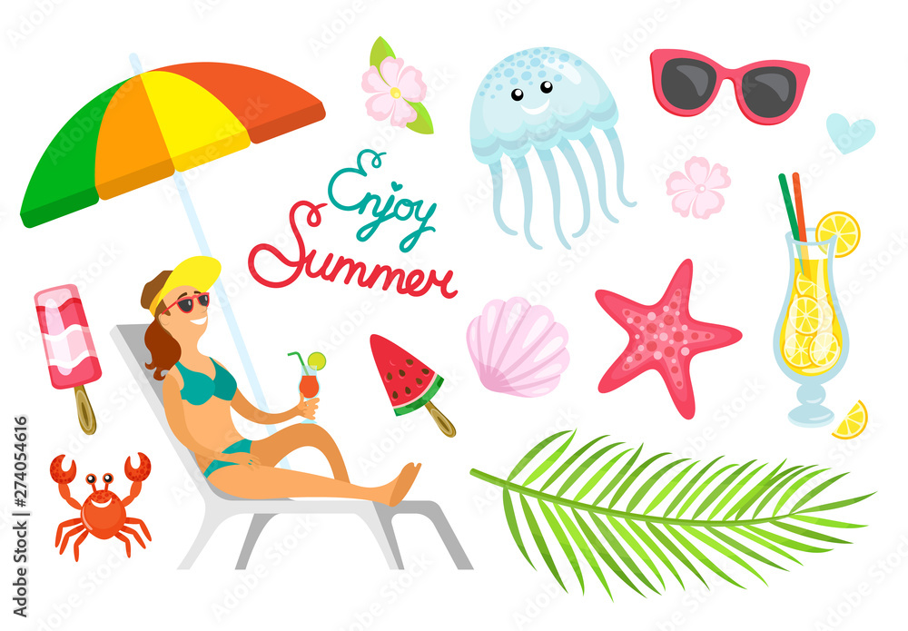 Naklejka premium Enjoy summer person relaxing with cocktail vector. Palm tree branch with leaves, beverage in cup, crab and jellyfish, sunglasses and starfish flat style