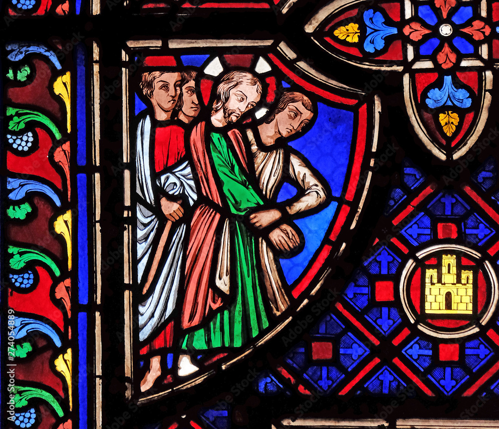 Jesus is captured, stained glass window from Saint Germain-l'Auxerrois church in Paris, France