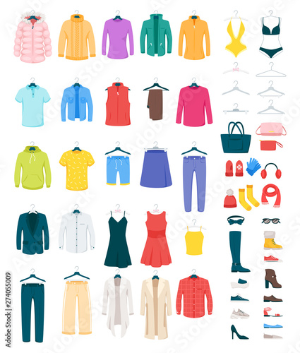 Men and women clothes on hangers vector illustrations set photo