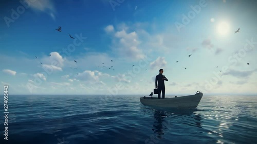 Businessman with briefcase on a boat in the middle of the ocean surrounded by seagulls, drone view 4K photo