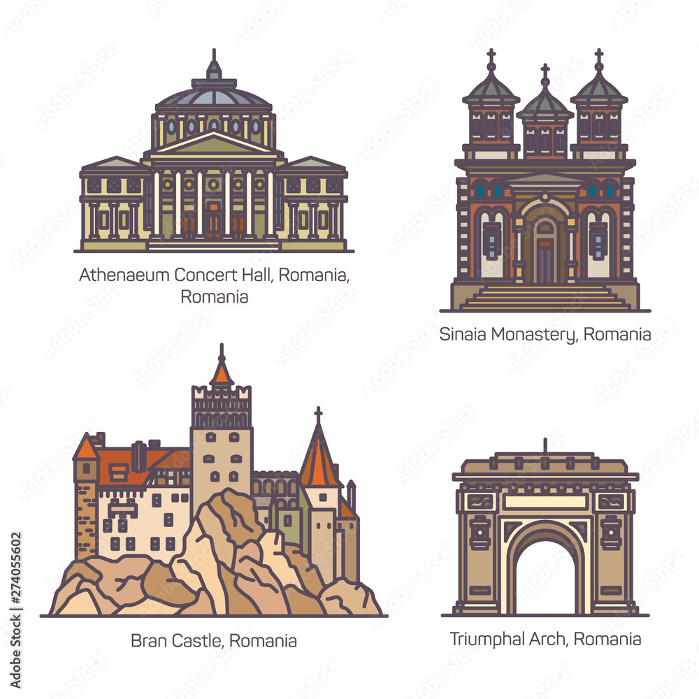 Set of Romania architecture landmarks in thin line