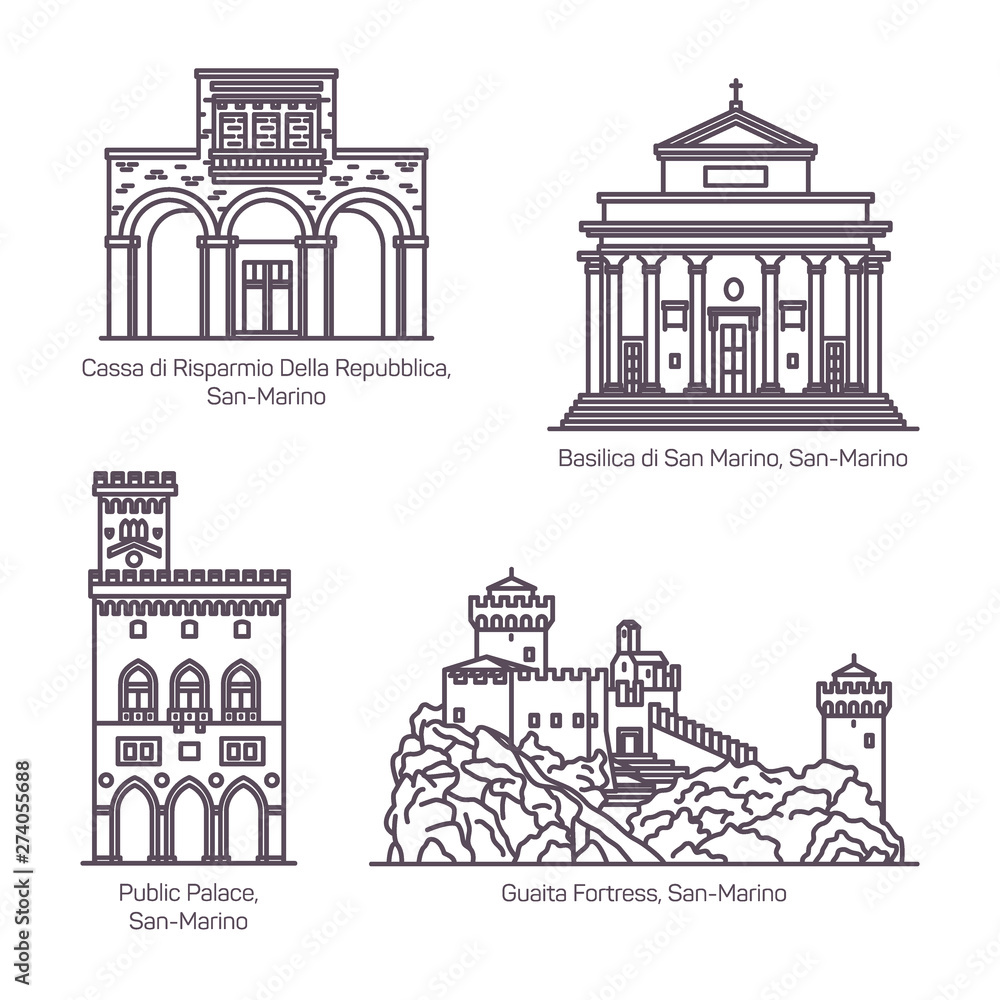 Architecture landmarks of San Marino in thin line