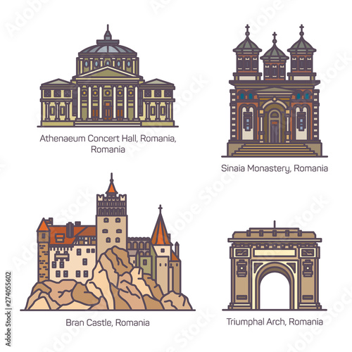 Set of Romania architecture landmarks in thin line