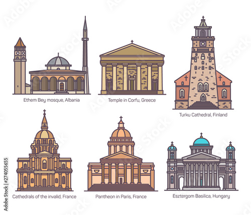 Set of religion, sanctuary buildings in color