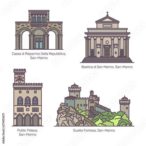Set of San Marino famous monuments in line