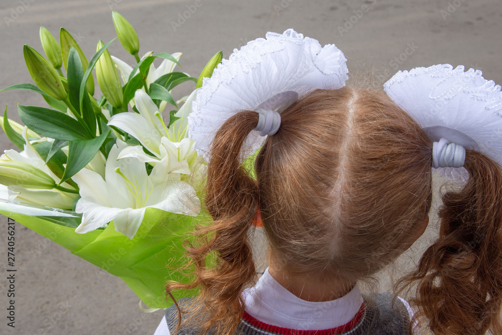 A girl with large white bows on her head, a beautiful hairstyle. She has a bouquet with lilies. She was going to go to school on September 1st. View from the back close up
