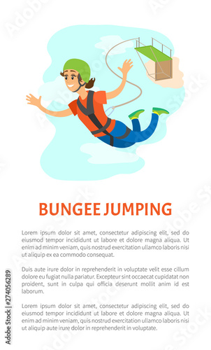 Woman wearing helmet and insurance falling from bridge, bungee jumping poster, freefall extreme sport, portrait view of smiling and flying female vector