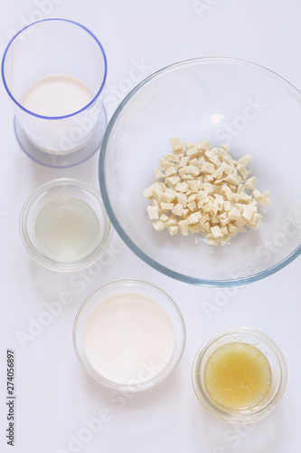 Different ingredients for cooking bakery foods, on white background.