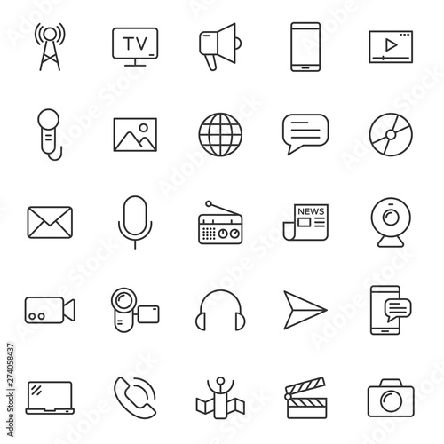 mass media outline vector icons large set isolated on white background. media business concept. media line icons for web and ui design