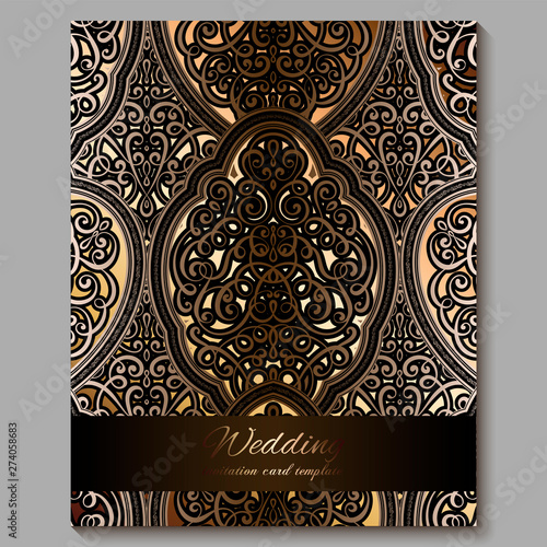 Wedding invitation card with gold shiny eastern and baroque rich foliage. Royal bronze Ornate islamic background for your design. Islam, Arabic, Indian, Dubai.
