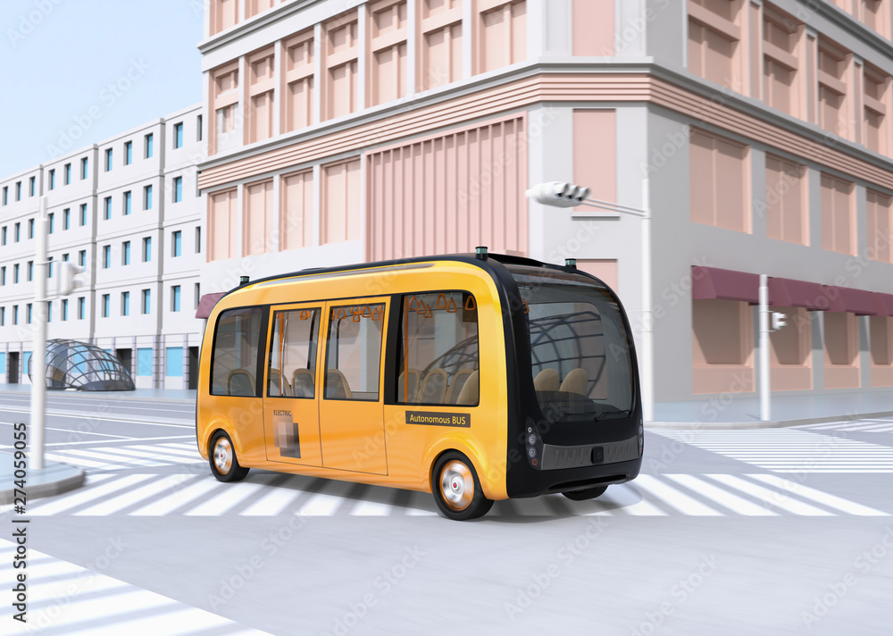 Yellow electric powered  autonomous shuttle bus driving through a intersection.  3D rendering image. 