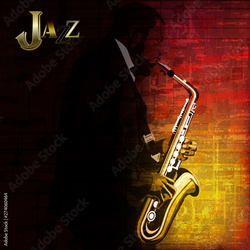 abstract music illustration with saxophone player on grunge background