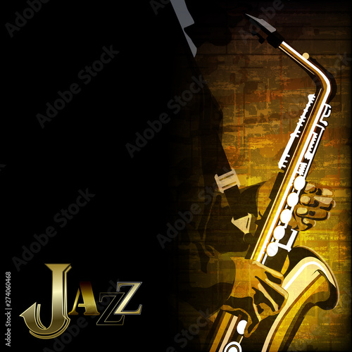abstract music illustration with saxophone player on grunge background