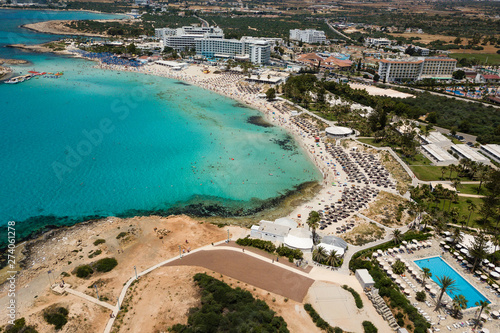 Beautiful aerial view of beautiful beach with blue ocean Mediterranean Sea