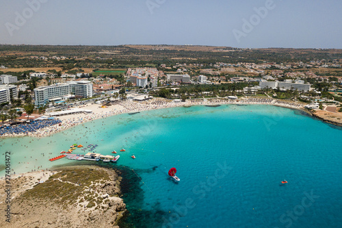 Beautiful aerial view of the most famous beaches in Cyprus - Nissi Beach, Landa beach, Pantachou Beach