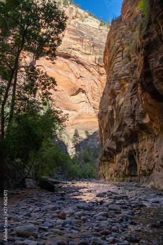 The spectacular and stunning Virgin River weaves through the Narrows, Zion National Park, USA