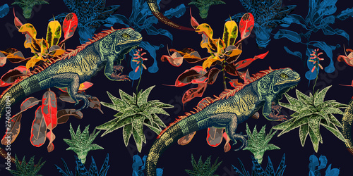 Seamless pattern. Cacti, ficus and iguana.