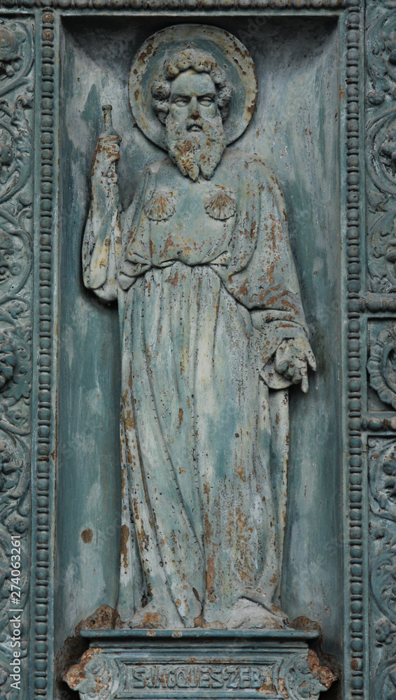 Saint James, detail of door of Saint Vincent de Paul church, Paris
