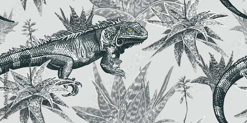 Plants and lizards. Iguana and succulents. Vintage seamless pattern