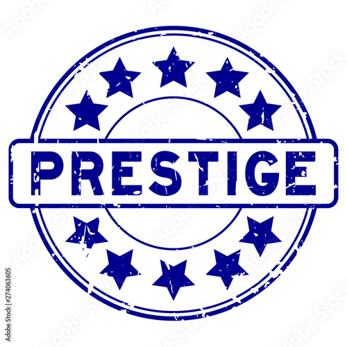 Grunge blue prestige with star icon round rubber seal stamp on white background