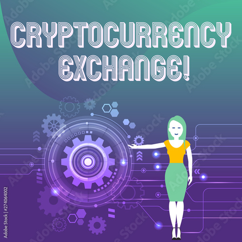 Wallpaper Mural Word writing text Cryptocurrency Exchange. Business concept for business allows customers to trade cryptocurrencies Woman Standing and Presenting the SEO Process with Cog Wheel Gear inside. Torontodigital.ca
