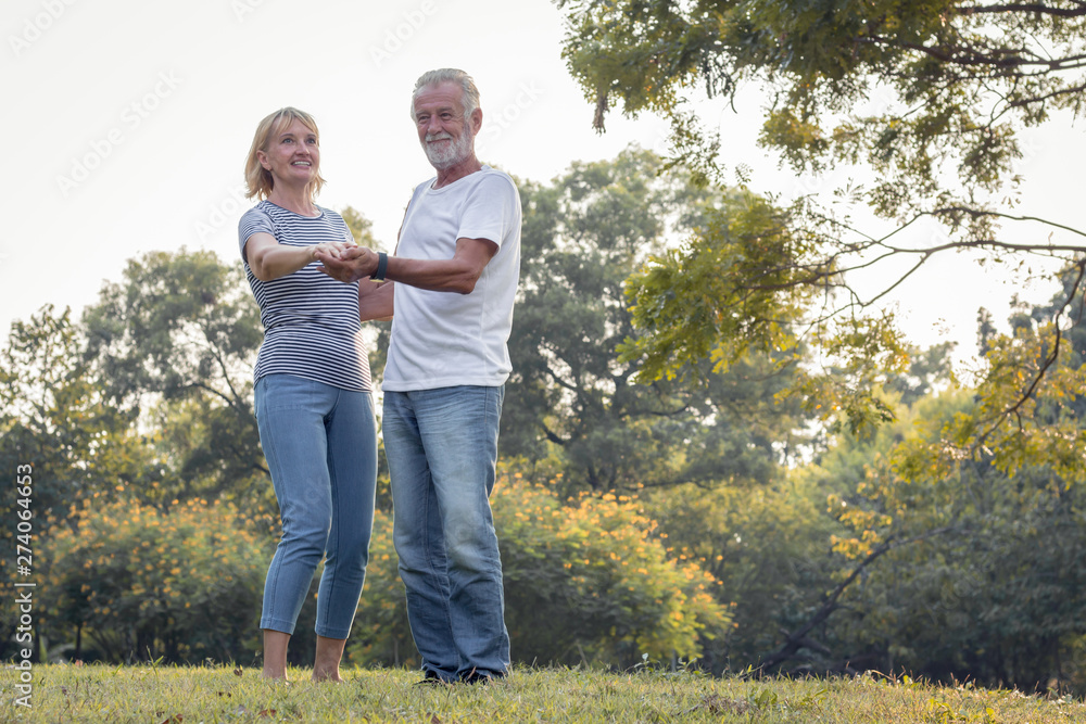 Fototapeta premium Senior couples dance together in the park.