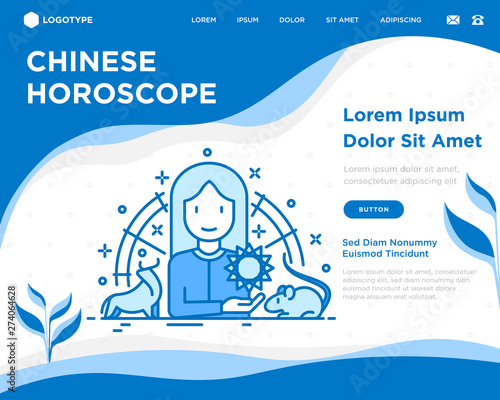 Chinese horoscope web page template. Astrologer with thin line animal icons around. Modern vector illustration.